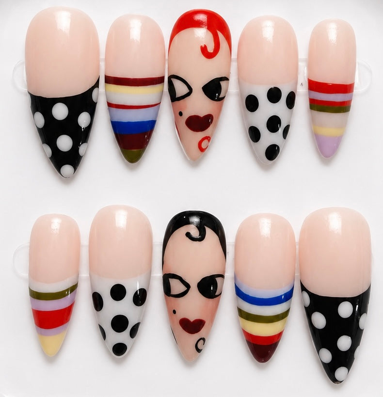 Goldie handcrafted press-on nails — black & white stripes, polka dots & face art | Eleanor May Collective