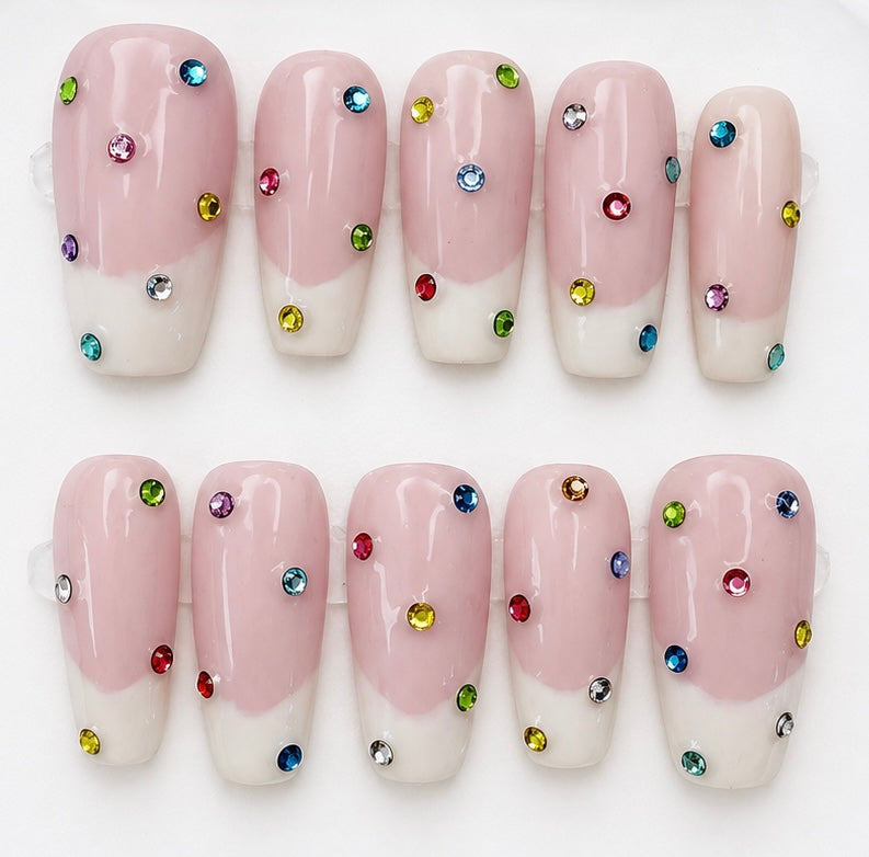 Mabel handcrafted press-on nails — natural with white French tips & gems | Eleanor May Collective