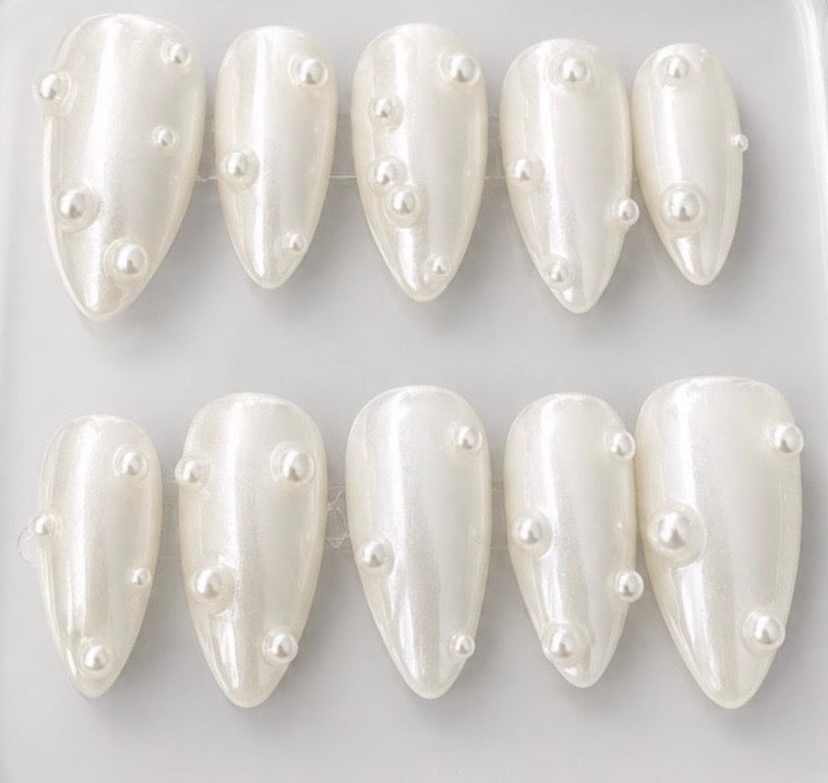 Pearl handcrafted press-on nails in white, chrome & pearl finish | Eleanor May Collective