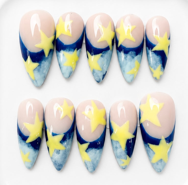 Wren handcrafted press-on nails in blue, white & yellow | Eleanor May Collective
